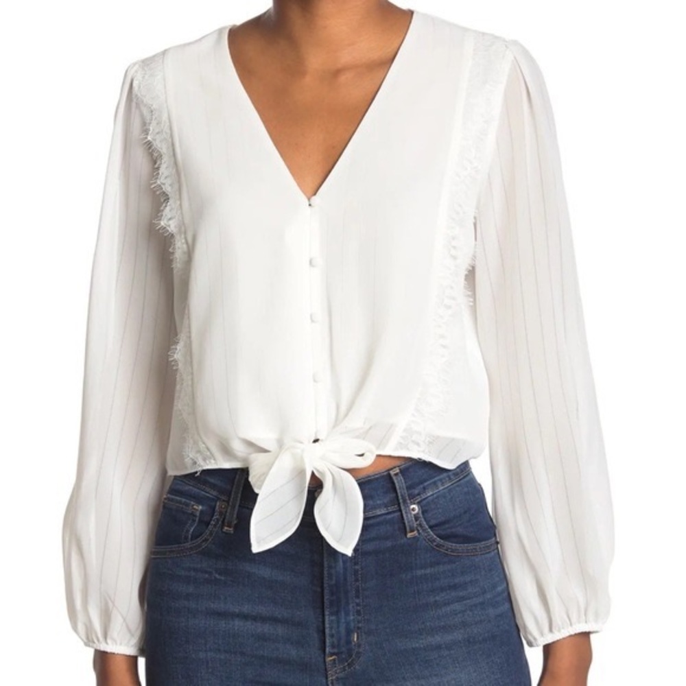 NWT WAYF Lace Trim Knotted Long Sleeve Blouse Ivory - Picture 1 of 11